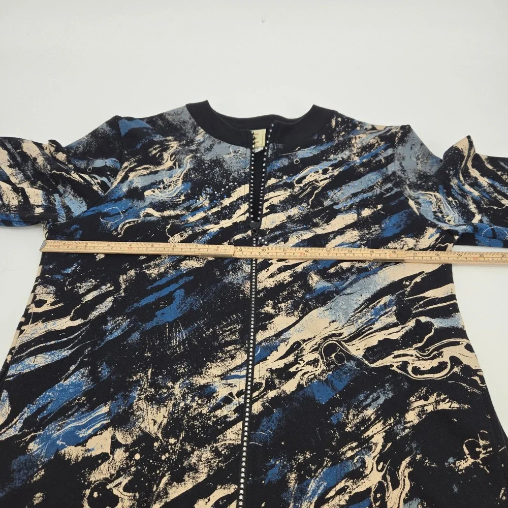 Jess & Jane Jacket Women S Blue Waves Full‎ Zip Rhinestone Abstract Artsy Casual